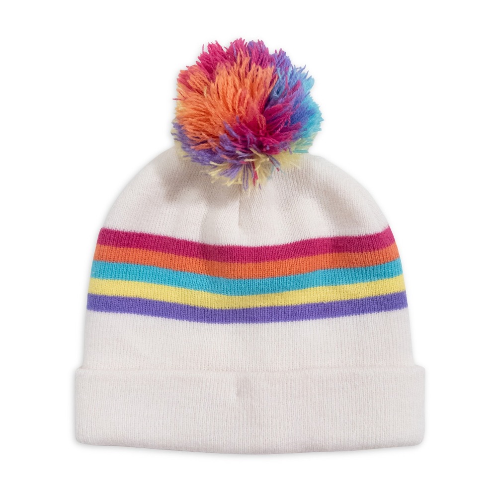 Capelli New York Kids Beanie Hat Cream Multicolor Rainbow Stripe Pom Pom
